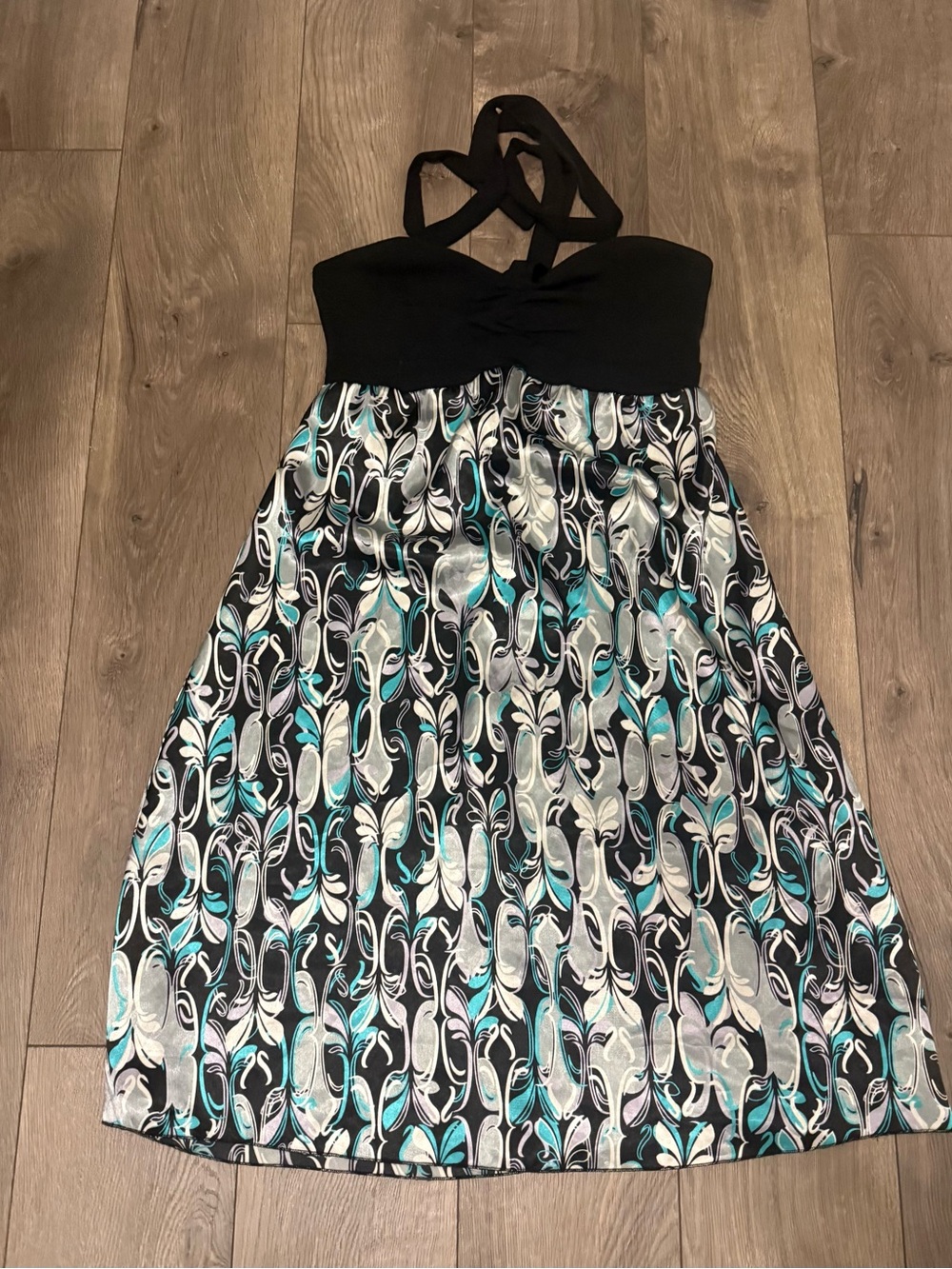 Black Halter Casual Dress with Teal and Silver Pattern